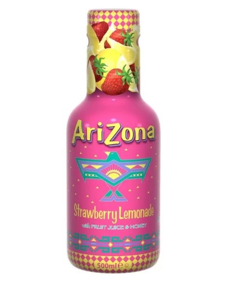 AriZona Strawberry Lemonade With Fruit Juice & Honey (500ml) er en forfriskende og velsmakende drikk som holder deg hydrert hele dagen.